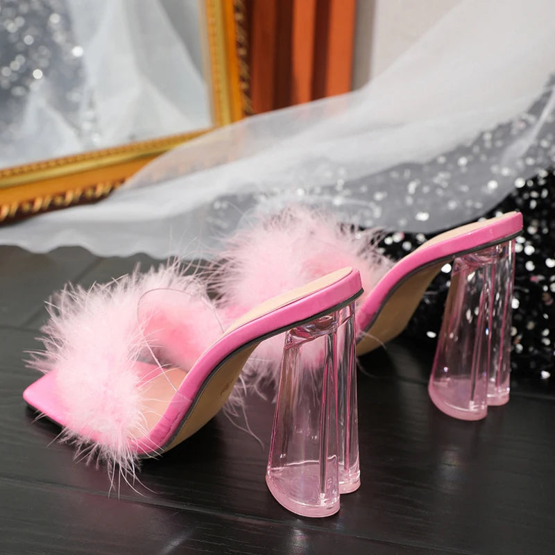 New Pink PVC Transparent Shoes For Women Fluffy Furry Slippers Sandals