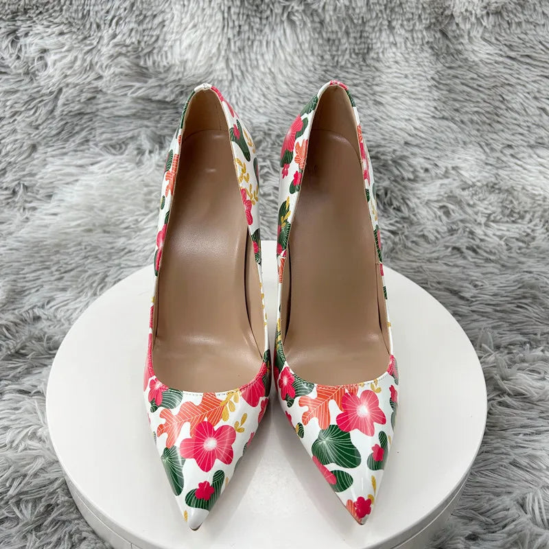 Women Gloossy Floral Printed Pointed Toe High Heels