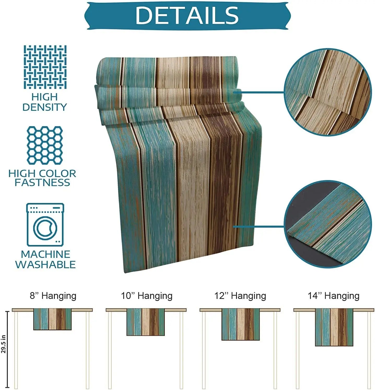 Turquoise Blue Green Wood Striped Linen Table Runners Dresser Scarves