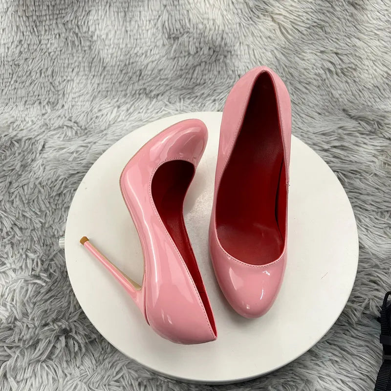 Glossy Pink Women Round Toe High Heel Shoes