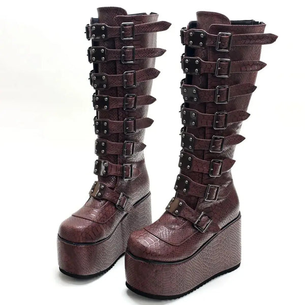 Retro Goth 11CM High Heel Fashion Punk Belt Buckles Serpentine Pattern Women Knee-High Boots