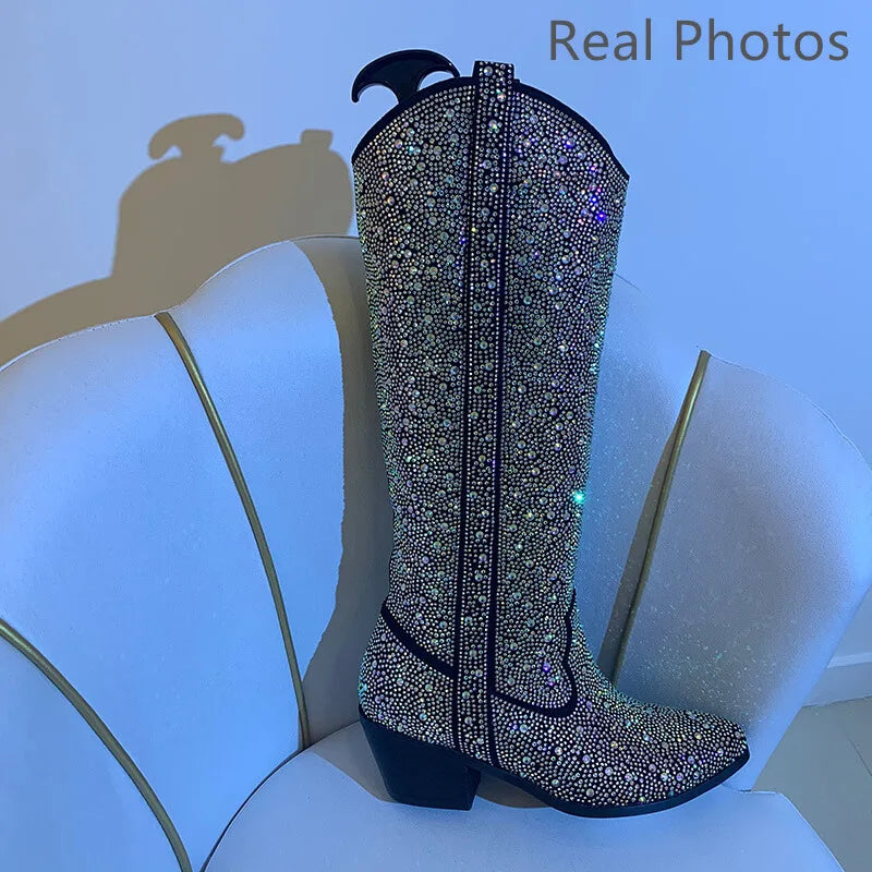 Rhinestone Black Knee High Boots Western Cowboy Booties