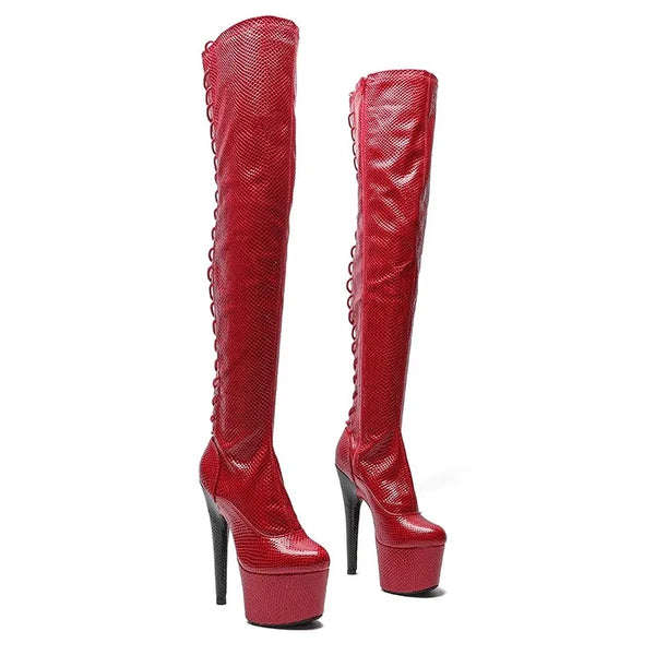 Red PU Upper 17CM/7Inches Women's Platform Party High Heels Long Boots