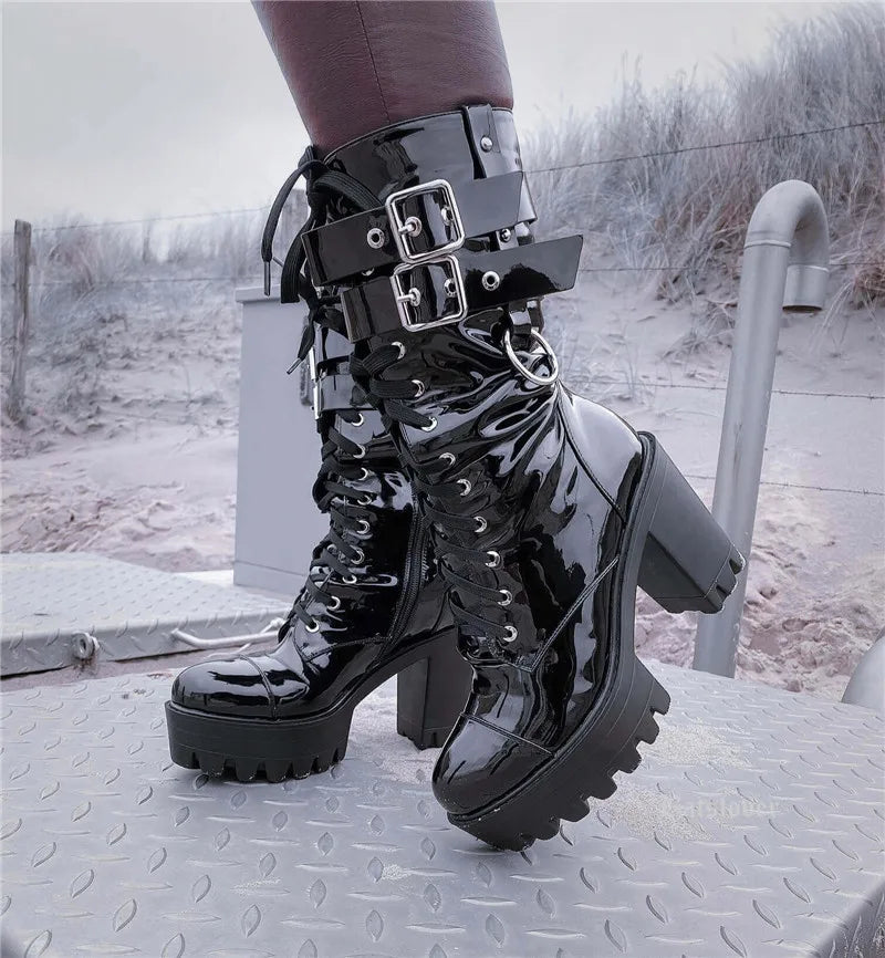 Black Platform Punk Boots Patent Leather Lace Up Mid Calf Chunky High Heels