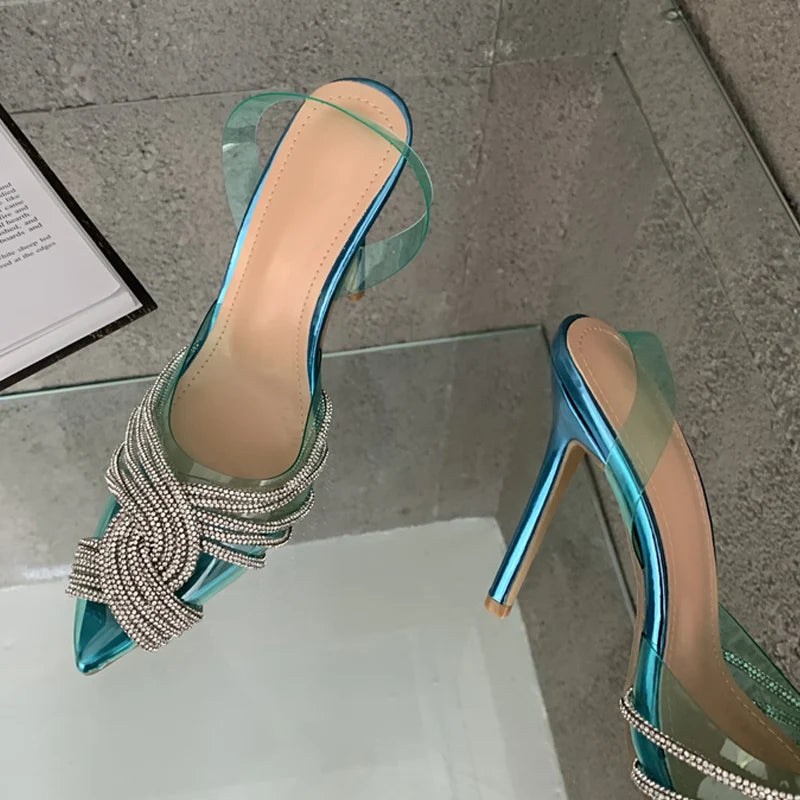 Sexy Crystal Transparent Pointed Toe Woman Pumps High Heels Slingback Sandals