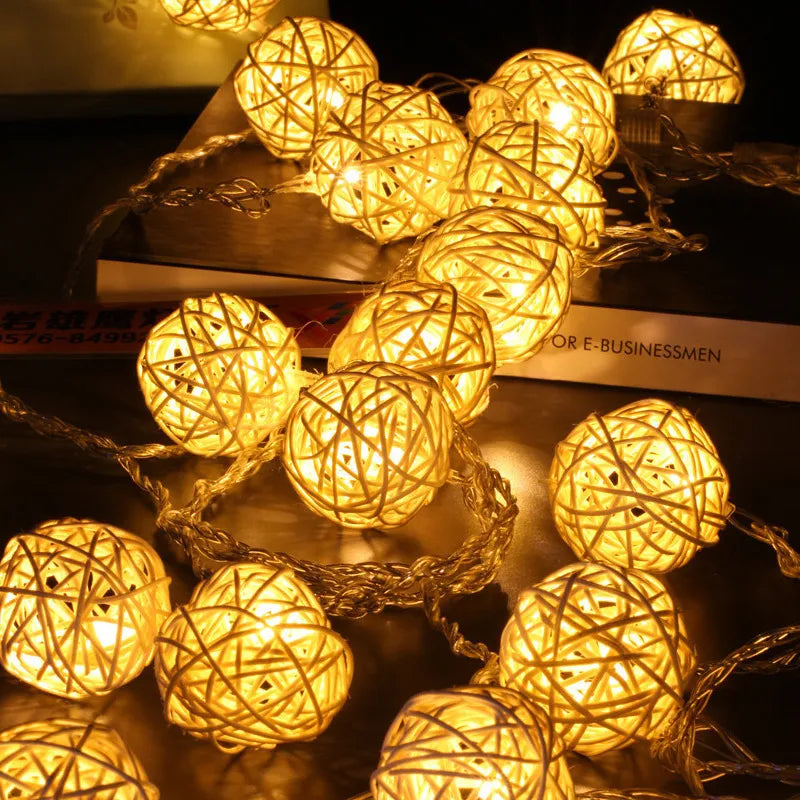 10 LEDs Rattan Balls String Lights Battery Moon Star Holiday Christmas Garland Lights