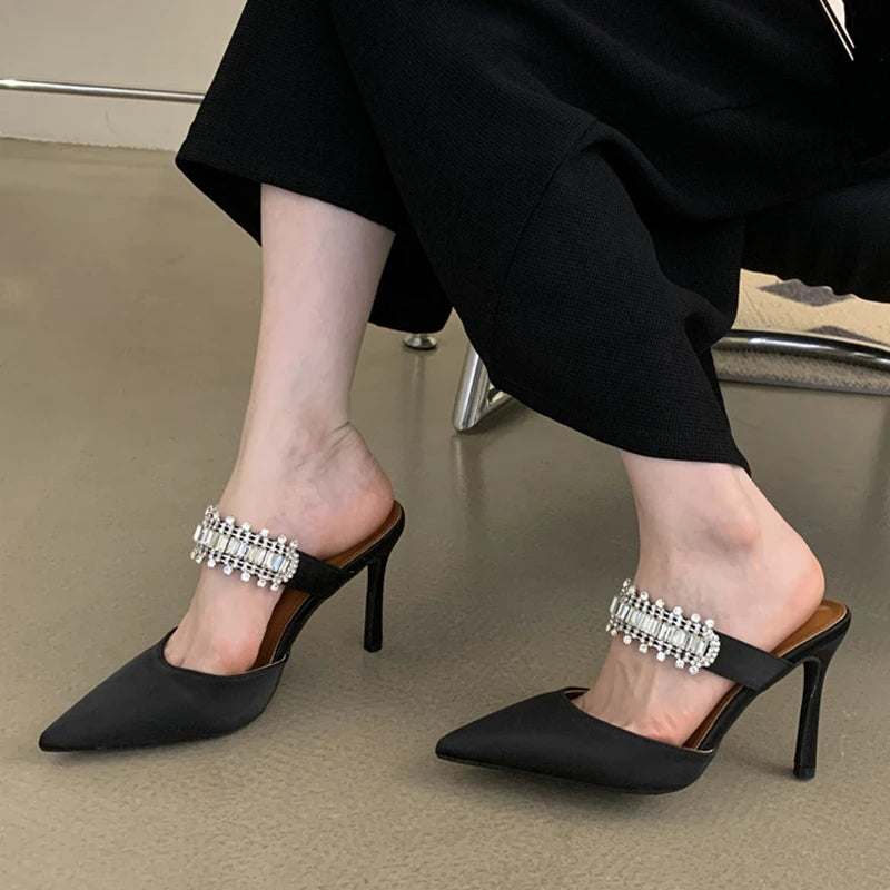 Rhinestones Satin Women Pumps Slippers Elegant Pointed Toe High Heels