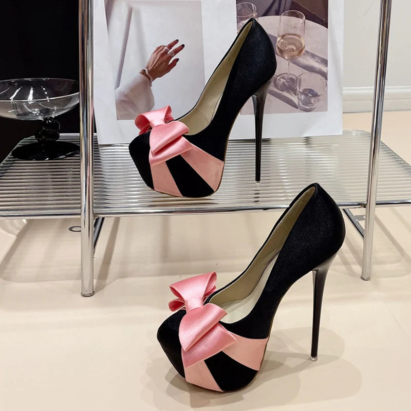 Fashion Design Bowknot Round Toe Platform Pumps Women Wedding Banquet Shoes