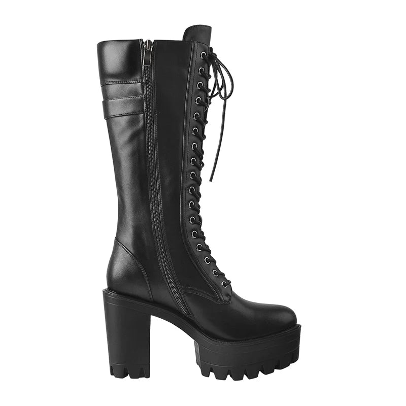 Platform Front Lace-Up Side Zip Knee High Boots  Big Size Winter Black Matte Lady  Boots