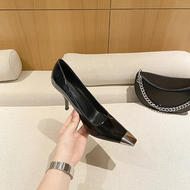 Black Genuine Leather Square Toe Women's Shoes Sexy Slim Heeled High Heels
