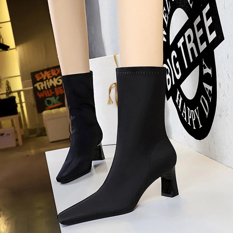Women's Ankle Boots Square Head High Heel Boots Elastic Lycra Women's Short Boots