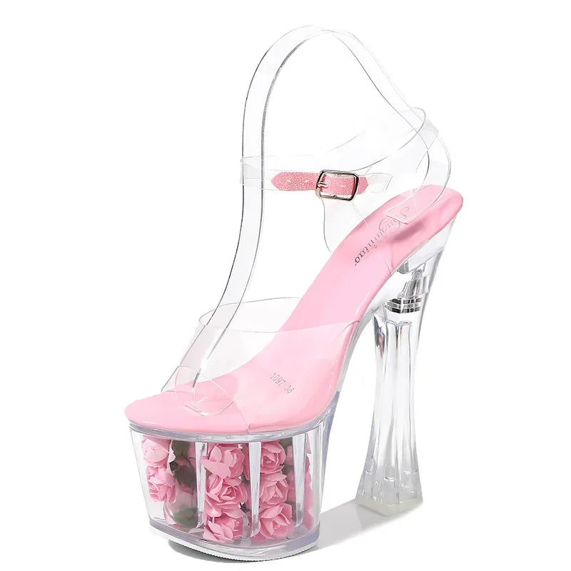 Summer Shoes For Woman 17cm Super High Heels Flowers Platforms Ankle Strap Sandals