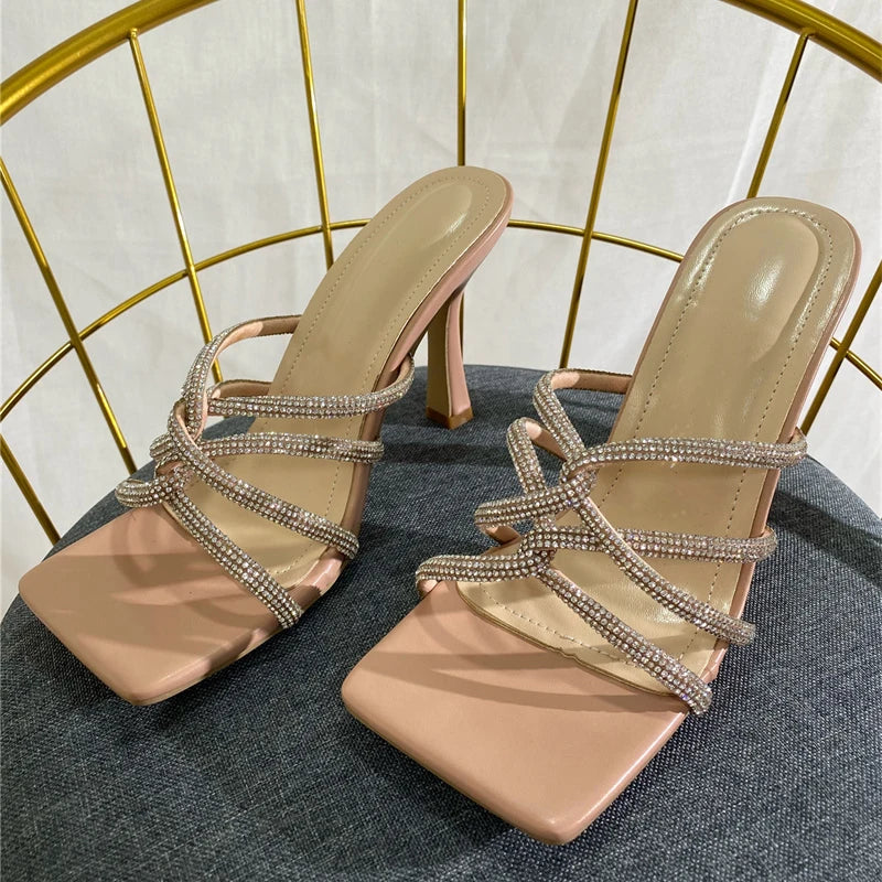 Summer Fashion Crystal Narrow Band Square Open Toe Slides