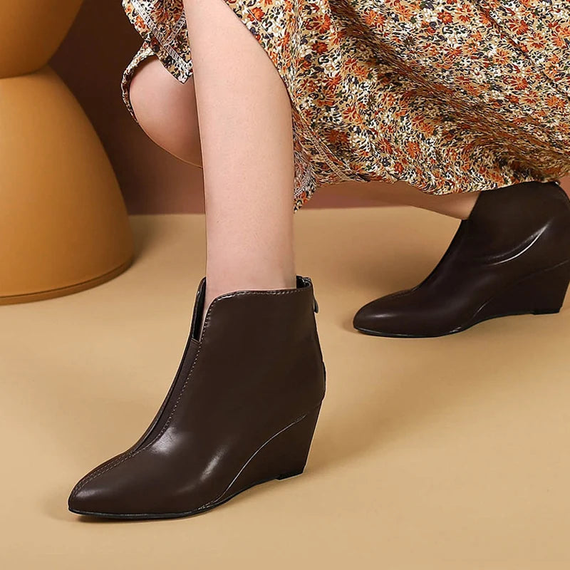 Autumn Winter Leather Boots Women Fashion Pointed Toe Zip Wedge Heels