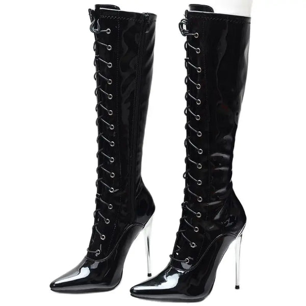 14CM Super High Heel PU Leather Cross-tied Stilettos Thin Heels Pointed toe Knee-High Boots