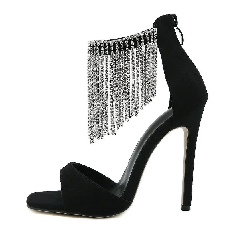 Summer Crystal Fringe Peep Toe Woman Sandals Fashion Design Zipper Thin High Heels