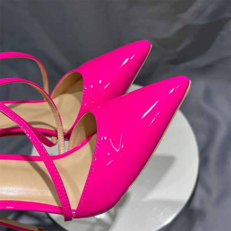 Glossy Rose Pink Women Cross Strap Pointy Toe High Heel Shoes