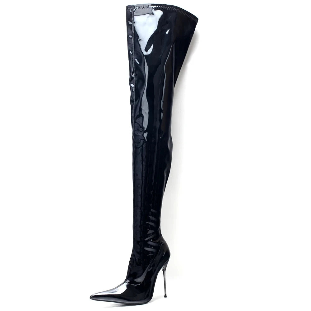 Women's 13CM High Heel Pointed-toe Stilettos Elastic Patent Leather Party Crotch Long Shoes
