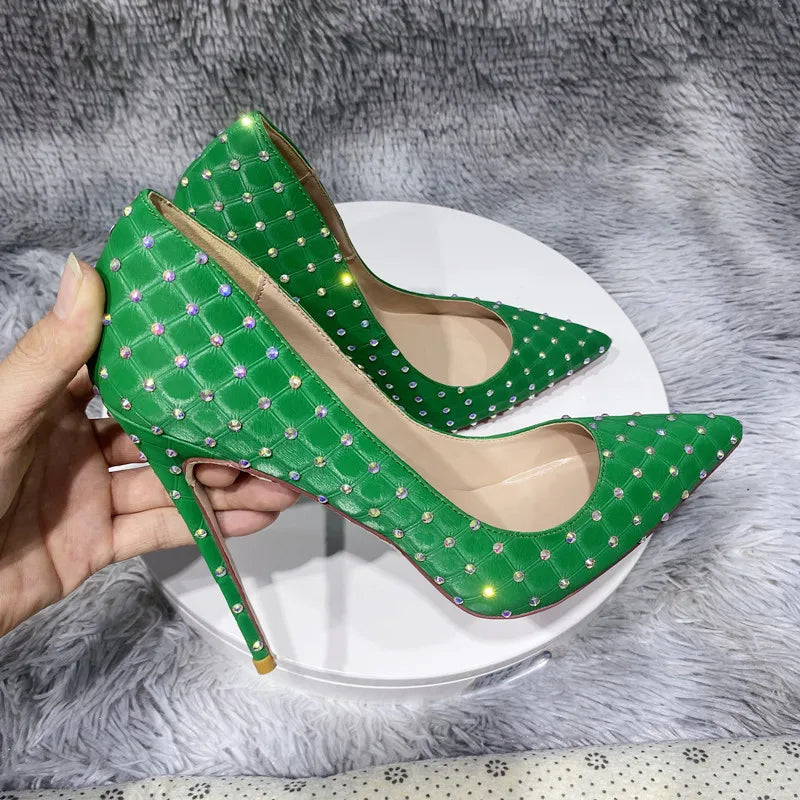 Rhinestones Women Green Flock Fabric Plaid Pointy Toe High Heel Shoes