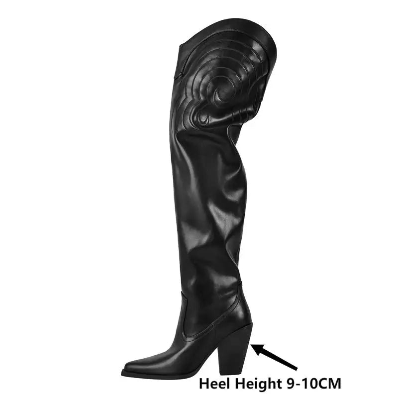 Black Matte Over The Knee Boots  Pointed Toe Chunky Heel Warm Winter Boots