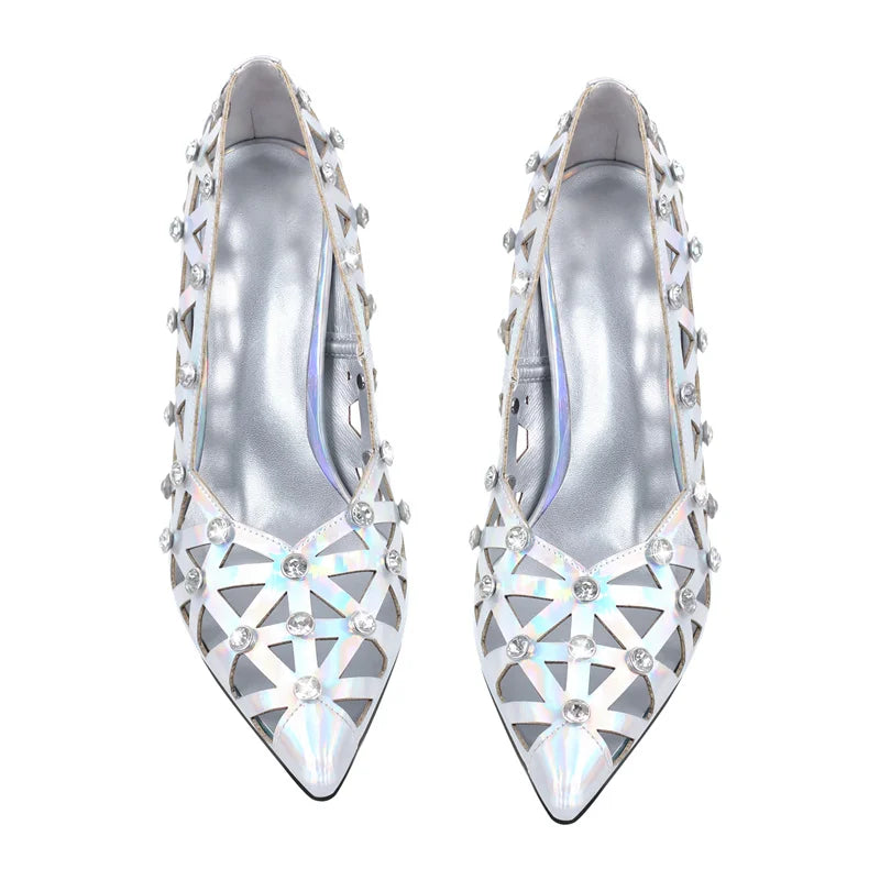 Women Pointed Toe Hollow Rhinestone Thin High Heel