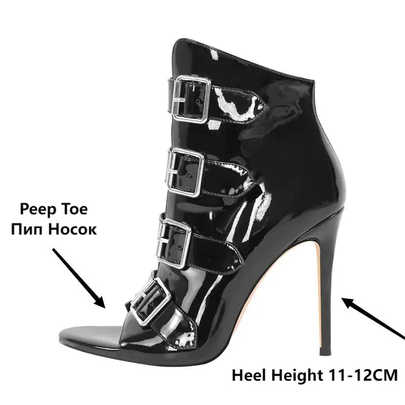 Black Patent Leather Peep Toe Buckle Strap Ankle Boots