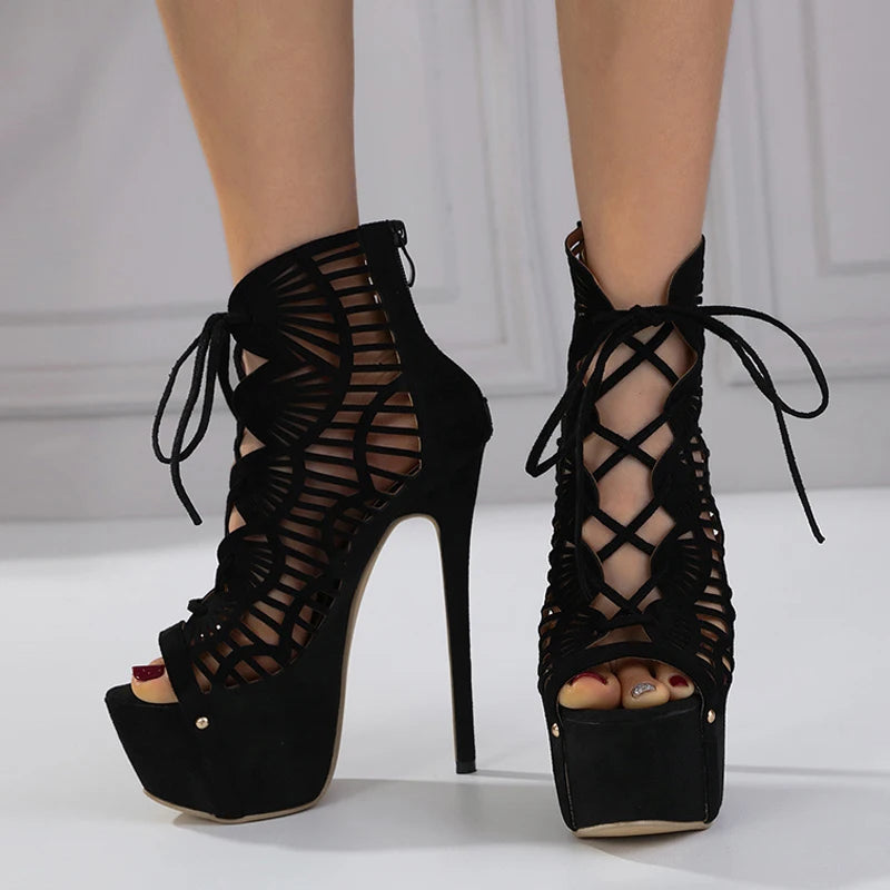 Roman Style Hollow Out Lace Up Extreme High Heels Platform Sandals For Women