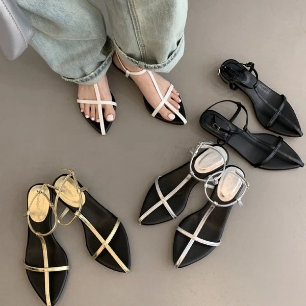 Women Fashion Sandals Thin Low Heels Pointed Open Toe Ankle Strap Dress Shoes