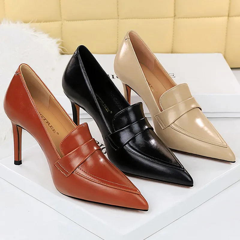Retro Pointed Toe Women Pumps Leather Shoes High Heels Versatile Stilettos Elegant Women Heels