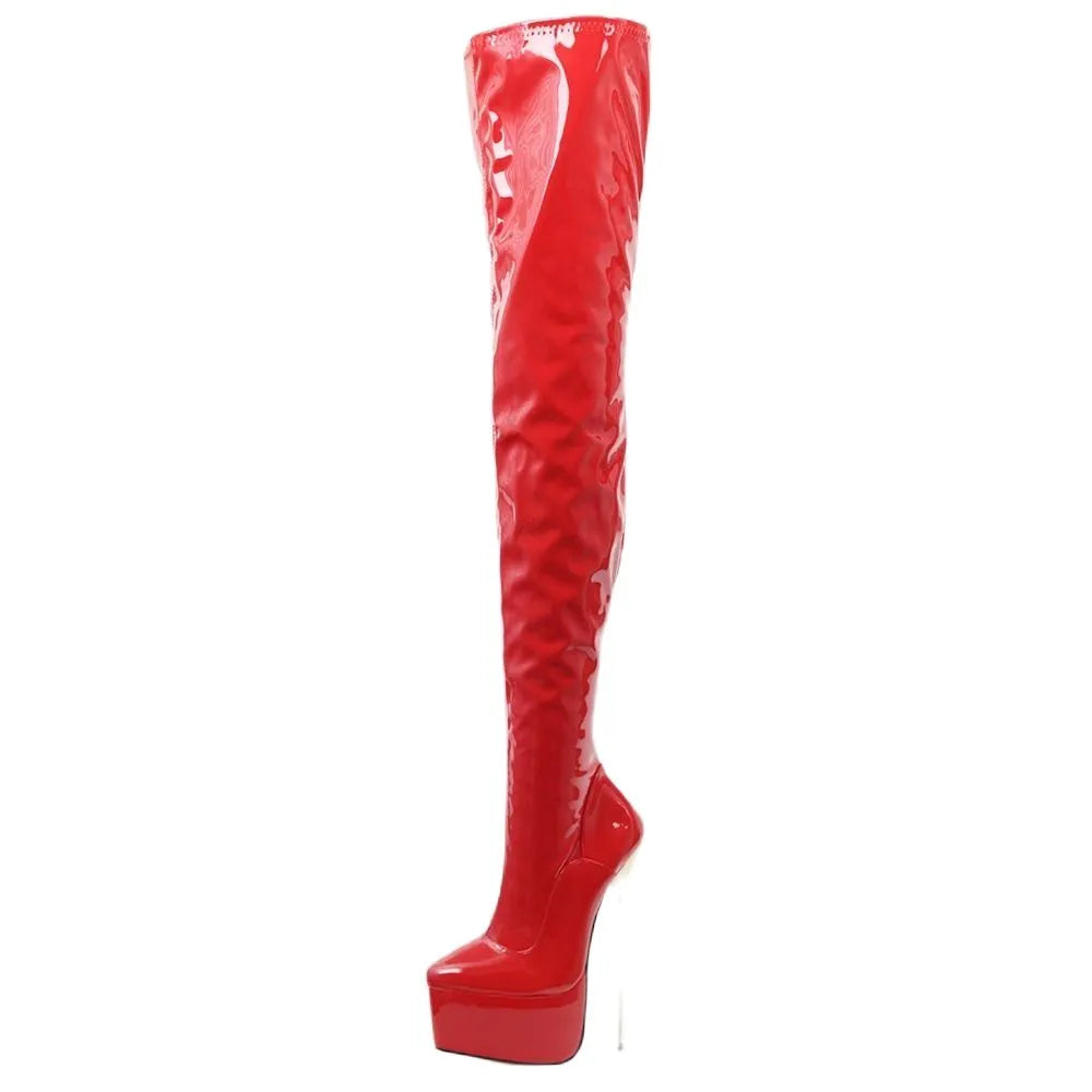 22CM Super High Heel Platform Round  toe Zip Solid PU Leather Thigh Long Boots