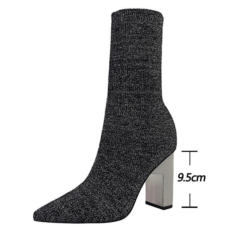 Women Elastic Sock Boots Metal Block Heel Women Boots Sexy High-heel Boots