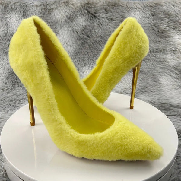 Yellow Fluffy Pointy Heels Pumps Women