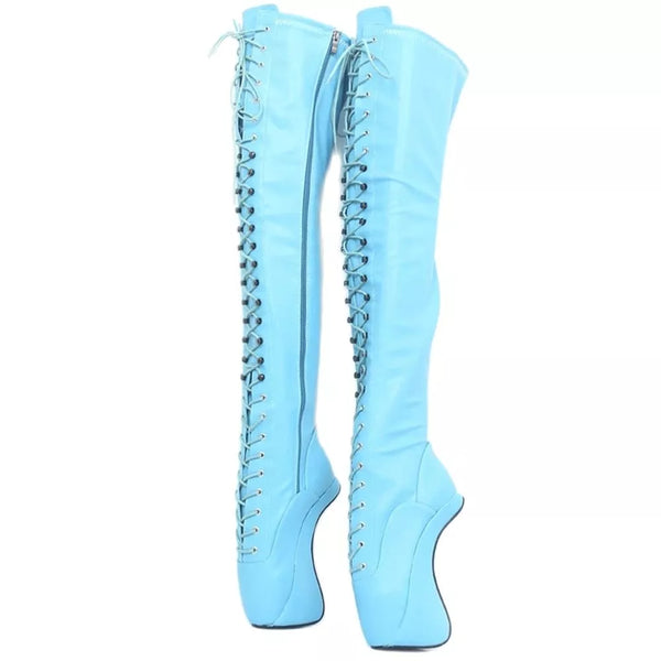 Over-The-Knee Ballet Boots 18CM Super High Hoof Heel Wedge Sole Zip Cross-tied Thigh Hi Long Boots