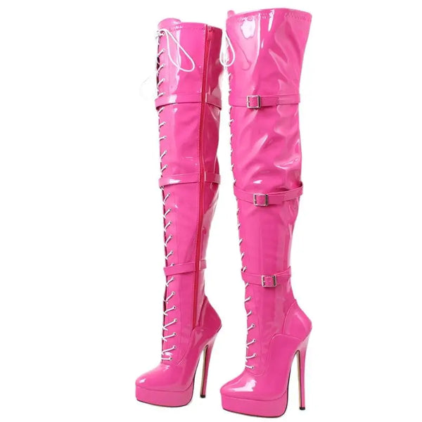 Sexy Over The Knee Boots 18CM Super High Heel Platform Cross-tied Buckle Straps Rivets Boots