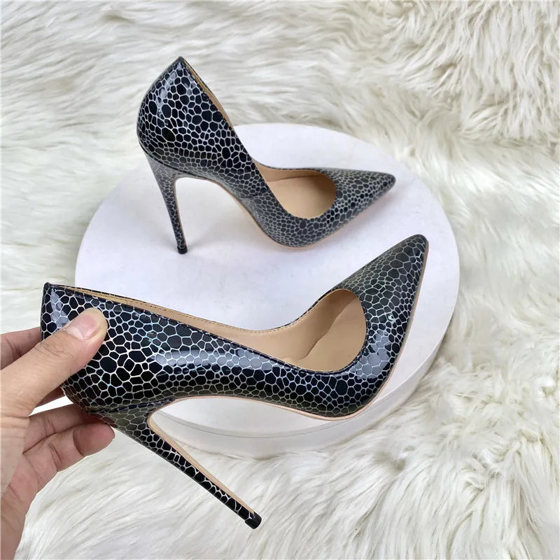 Geometry Pattern Print Women Black Patent Pointy Toe High Heel Celebrity Party Shoes