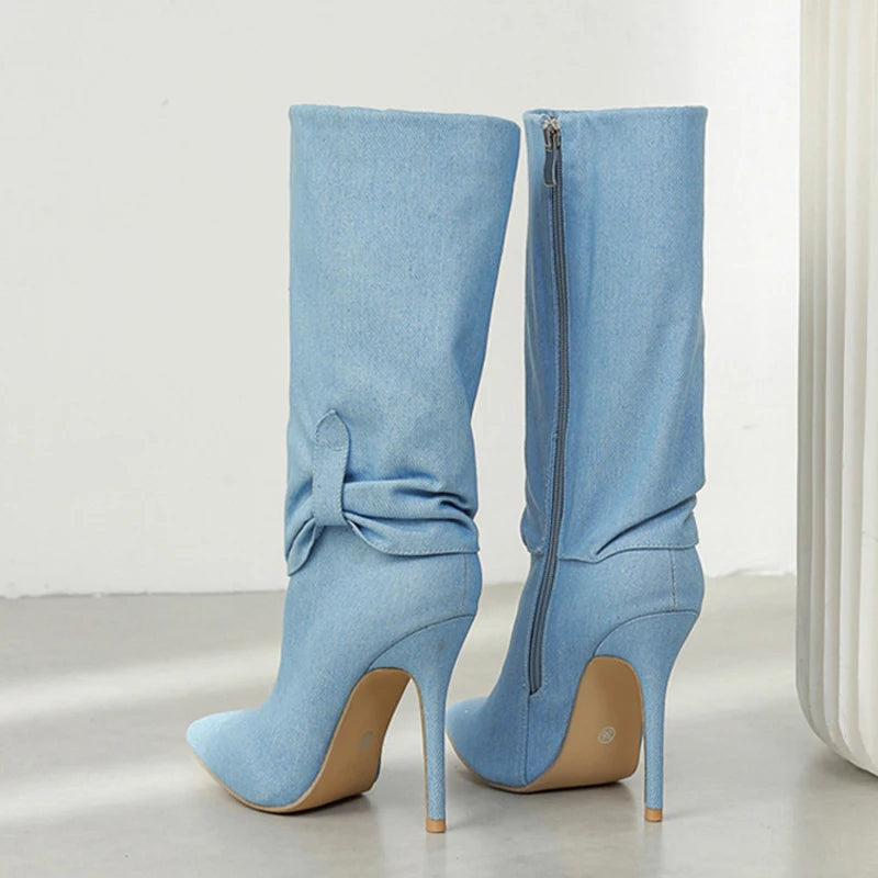 Fashion Design Pleated Denim Boots For Women Zip Knee High Shoes