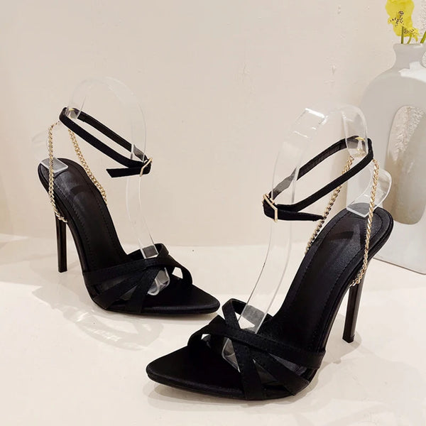 New Black Heels For Women Metal Chain Sandals