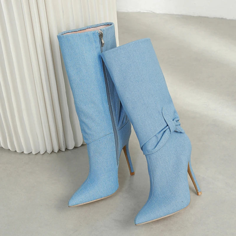 Fashion Design Pleated Denim Boots For Women Zip Knee High Shoes