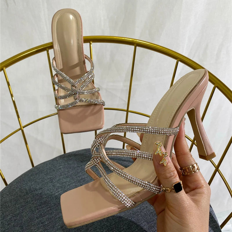 Summer Fashion Crystal Narrow Band Square Open Toe Slides