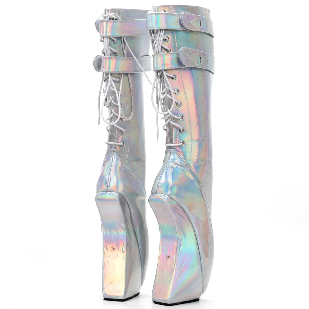 Ballet Boots 18CM High Hoof Heel Lockable Holographic Back Lace-up Women Knee-high Boots