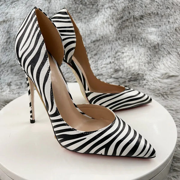 zebra-stripe Classic Women Chic Sexy Side Open Pointed Toe High Heel Shoes