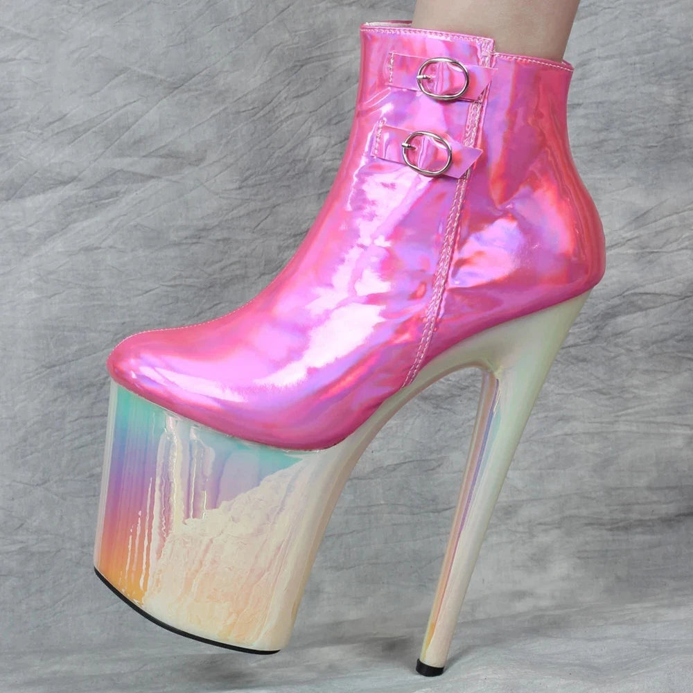 20CM Extreme High Heel Boots Platform Round-toe Holographic Color  Ankle Boots