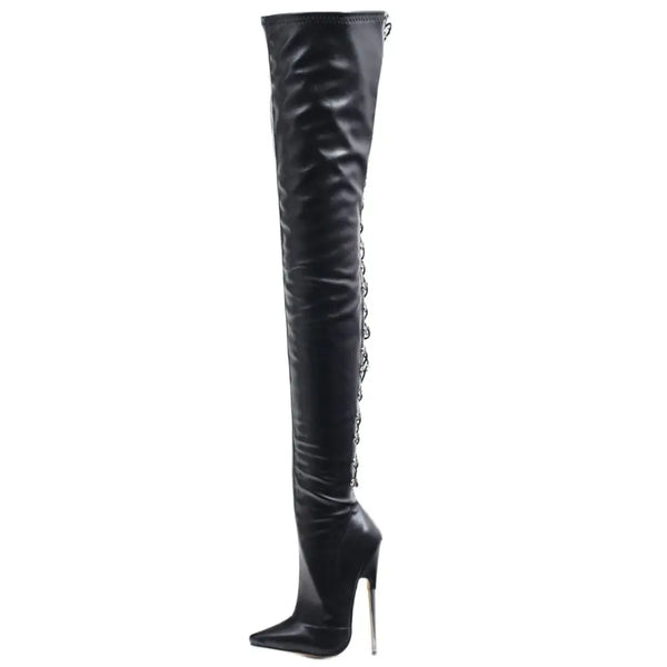 Women Crotch Thigh High Boots 18CM Super High Heel Pointe toe Back Cross-tied Long Shaft Boots