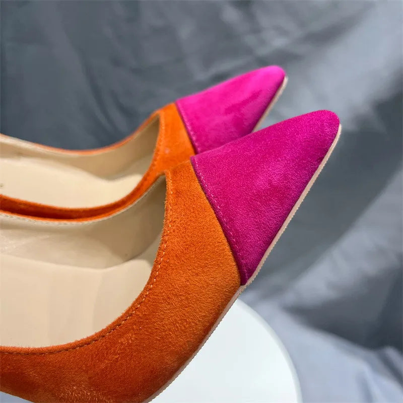 Orange Purple Patchwork Women Flock Pointy Toe 8-12cm High Heel Shoes