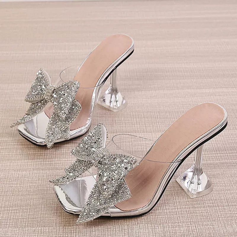 New Transparent Slippers For Women Fashion Silver Crystal Bowknot High Heels