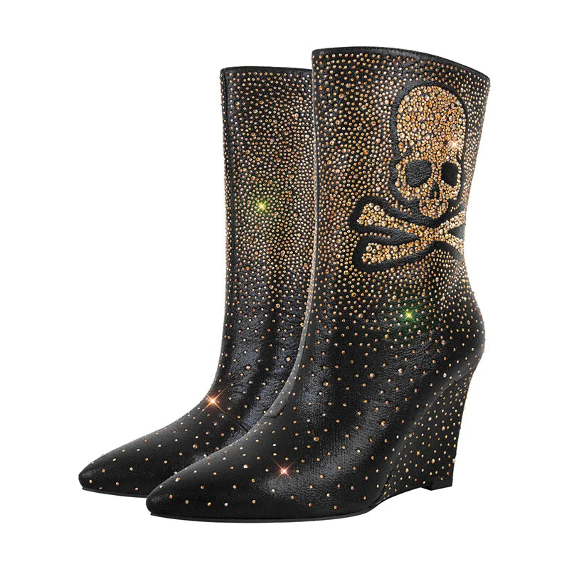 Women's Wedge Black Ankel Boots  Party Dress skull Lady Matte Handmade Fashion Punk Booties