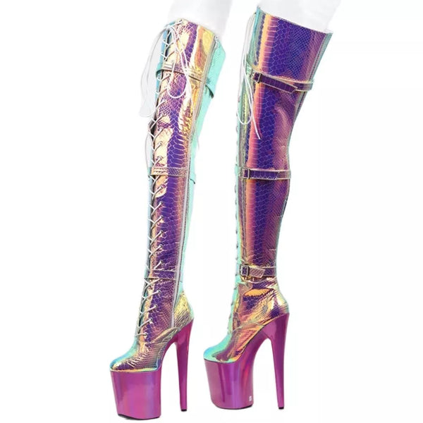 Sexy Snake Holographic Color Goth Pole Dancing Boots For Women 20CM High Heel