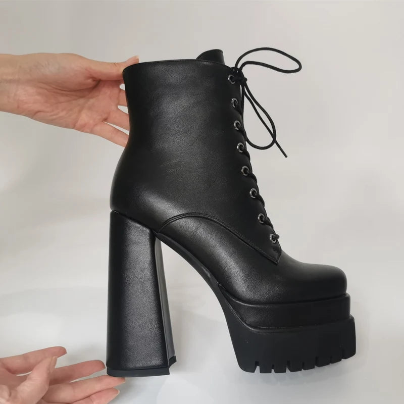 Platform Square Toe Punk Ankle Boots Block Chunky High Heel