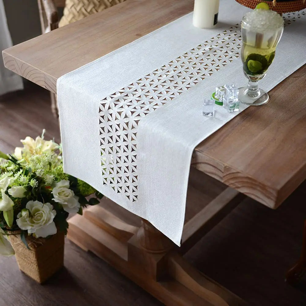 Gray Hollow Table Runner Rectangle Double Solid Fabric