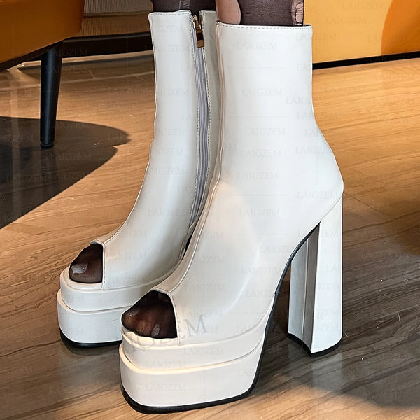 Platform Peep Toe Side Zip Up Thick High Heels Boots Shoes Woman Botas